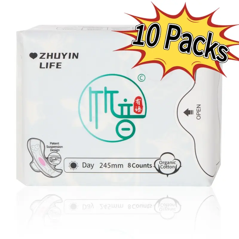 Zhuyin Menstrual Pads - 3/10 Packs Feminine Sanitary Napkin, Organic Cotton,NO Petroleum-Based Microplastic, Chlorine, Unscented and Safe for Different Flow