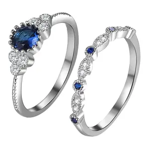 Sapphire Stackable Promise Rings – Women Round Cubic Zirconia Eternity Wedding Band Set Romantic Jewelry Gift for Girlfriend Wife Anniversary Birthday