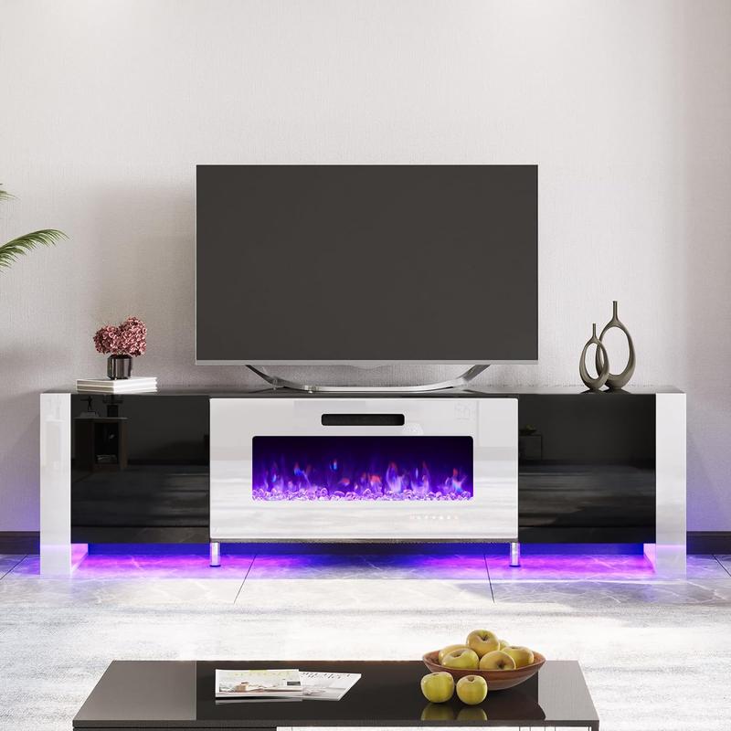 【Ships in 2 Boxes】AMERLIFE Fireplace TV Stand with Fireplace, Modern High Gloss Entertainment Center LED Lights, U-Shaped Legs TV Console Cabinet,Best Gift Ideas/Christmas Gifts