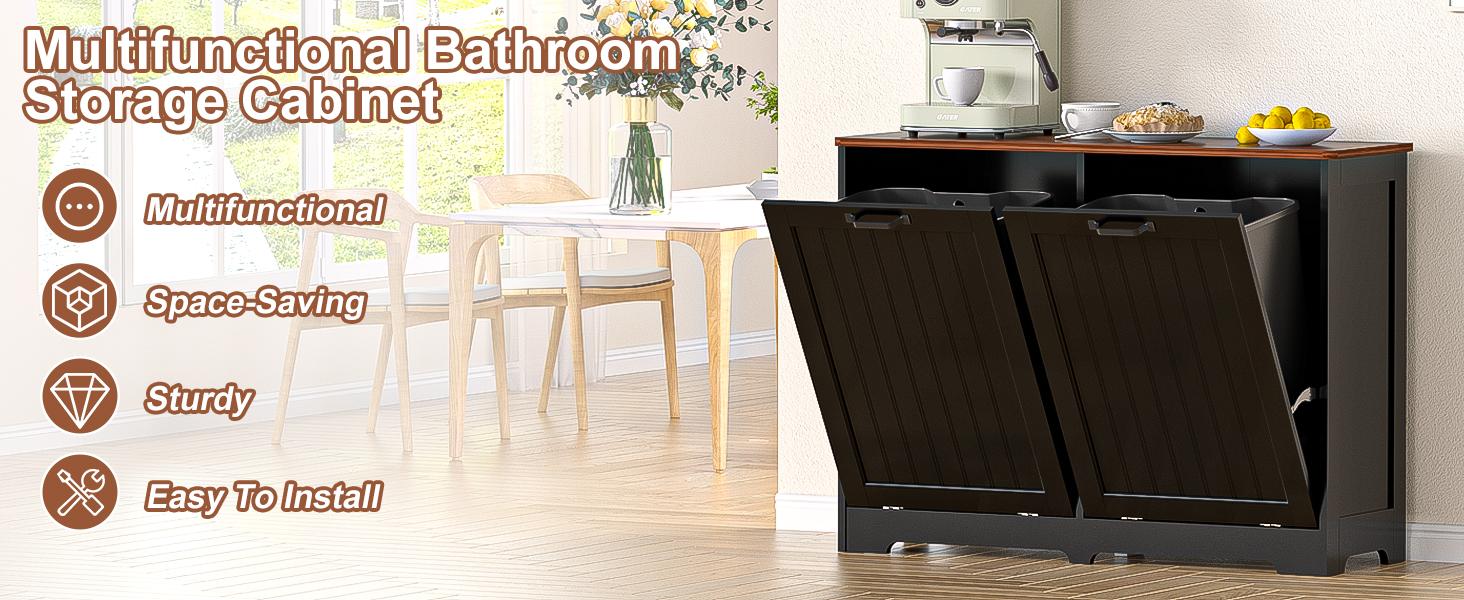【Does Not Include Trash Can】AHB Hidden Storage Cabinet for 2 Trash & Recycle Bins | Space Saving Tilt Out Design | Pet Proof Wooden Cabinet for Kitchen, Laundry Room & Bathroom