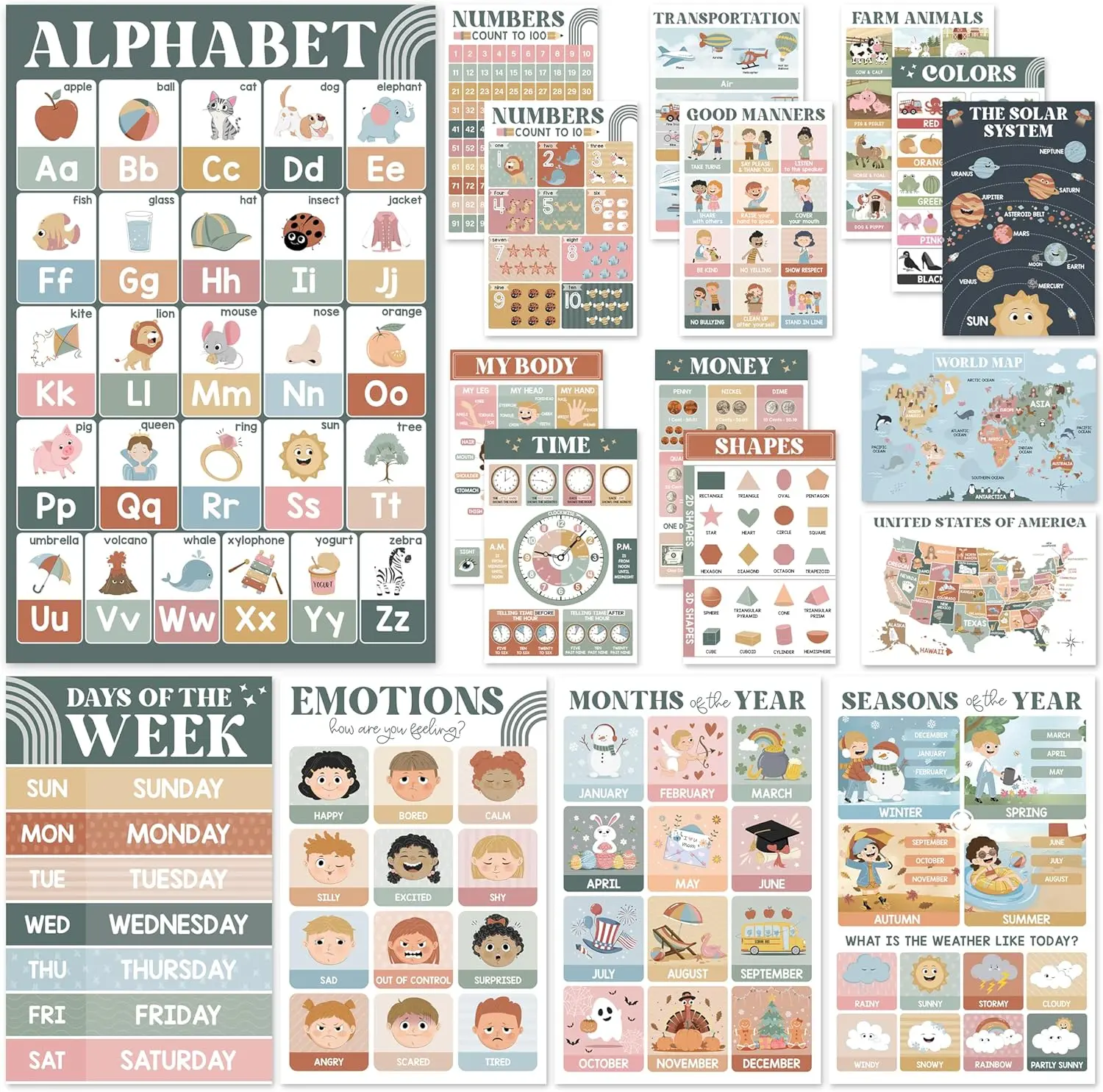 18 Pcs Educational Posters for Toddlers Visual Learning Tool 18 Laminated Preschool Classroom Decor Kindergarten Wall Art PreK Learning Materials Alphabet Numbers Chart Teaching Supplies Waterproof Durable Design