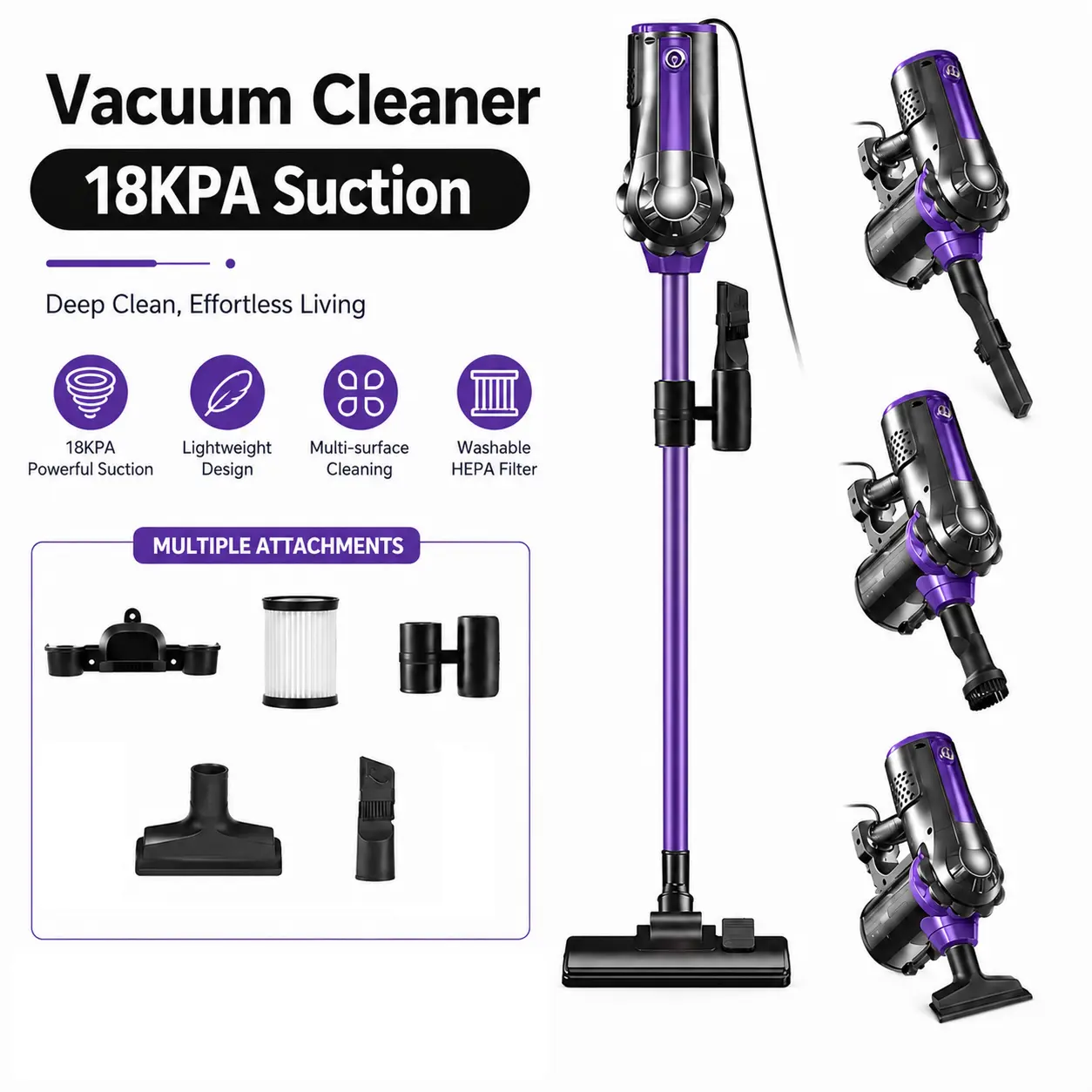 Pure Nova Corded Stick Vacuum Cleaner, 600W Motor, 18KPA Suction, 110V Voltage, Efficient Crevice Dust Removal for Deep Cleaning Needs, Vacuums Multi-Function Vacuum