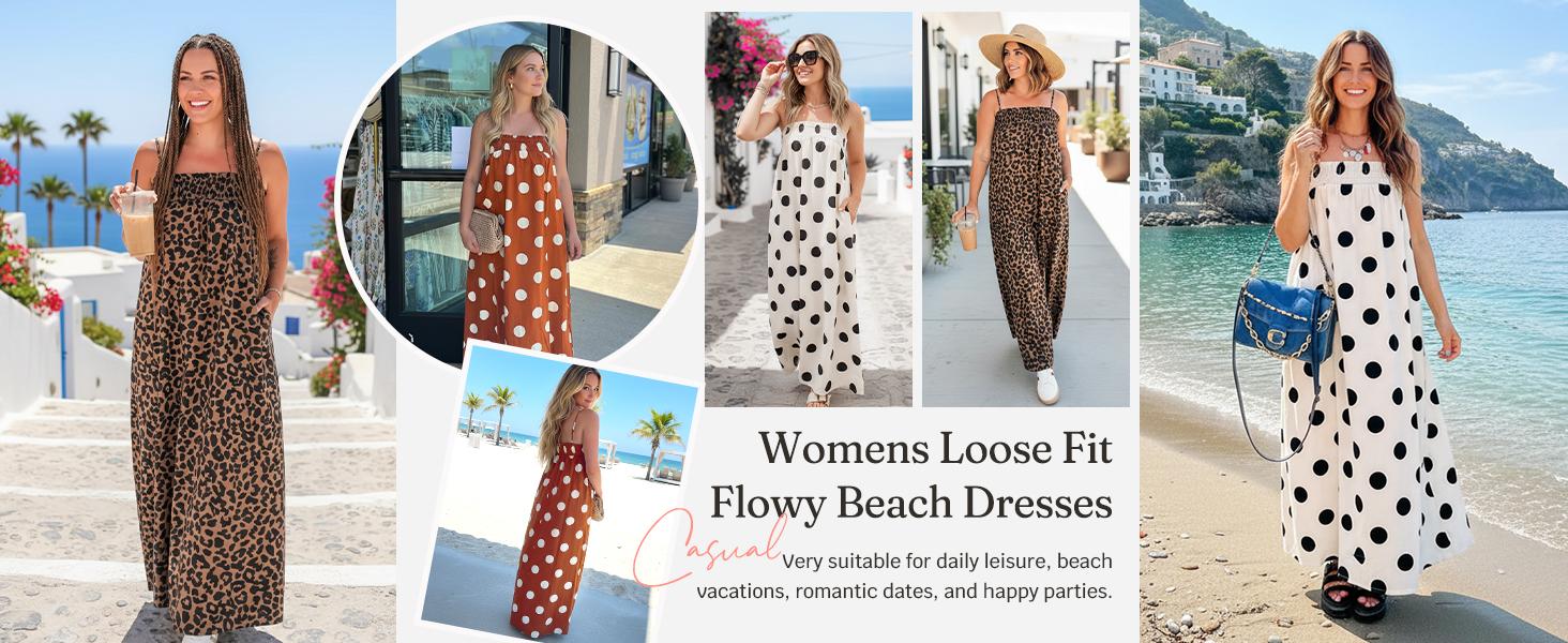 Wenrine Women's Summer Polka Dot Maxi Dress Casual Spaghetti Strap Smocked Loose Vacation Beach Dresses with Pockets