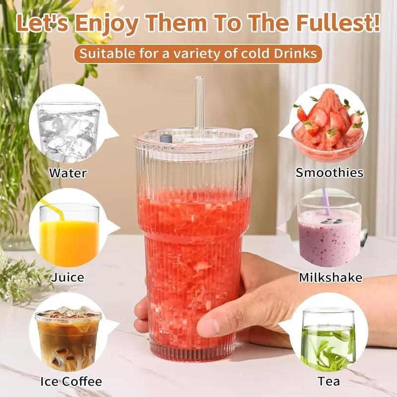 Ribbed Glass Cups with Lids & Straws, Set of 2 Thick Glass Tumblers for Iced Coffee, Smoothies, Juice & Cocktails