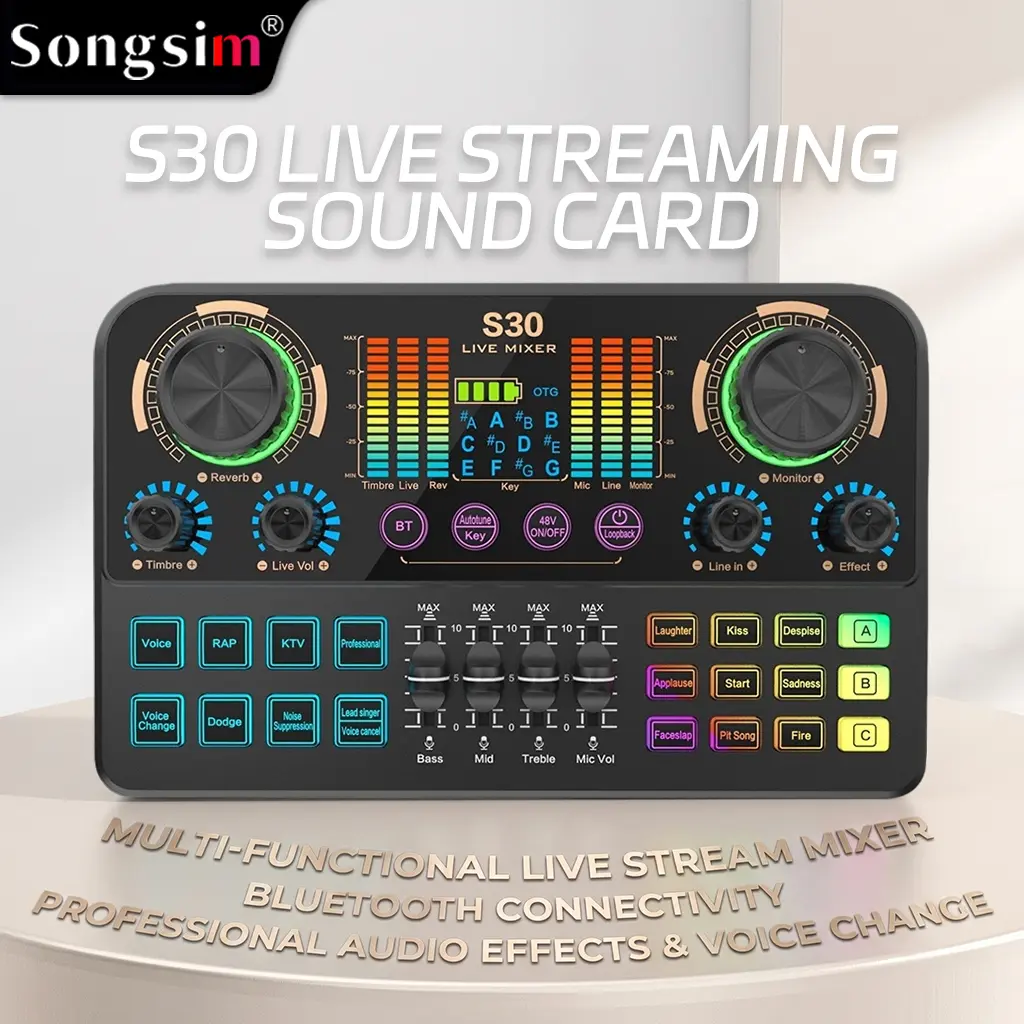 Songsim S30 Bluetooth Audio Mixer with DSP Chip, Vocal Optimizer, 9 Preset Sound Effects, Reverb & Voice Modulation, Multiple Modes, Independent Knobs & Sliders for Precise Adjustable Audio, Compatible with iOS, Android, PC Live Streaming Platforms summer