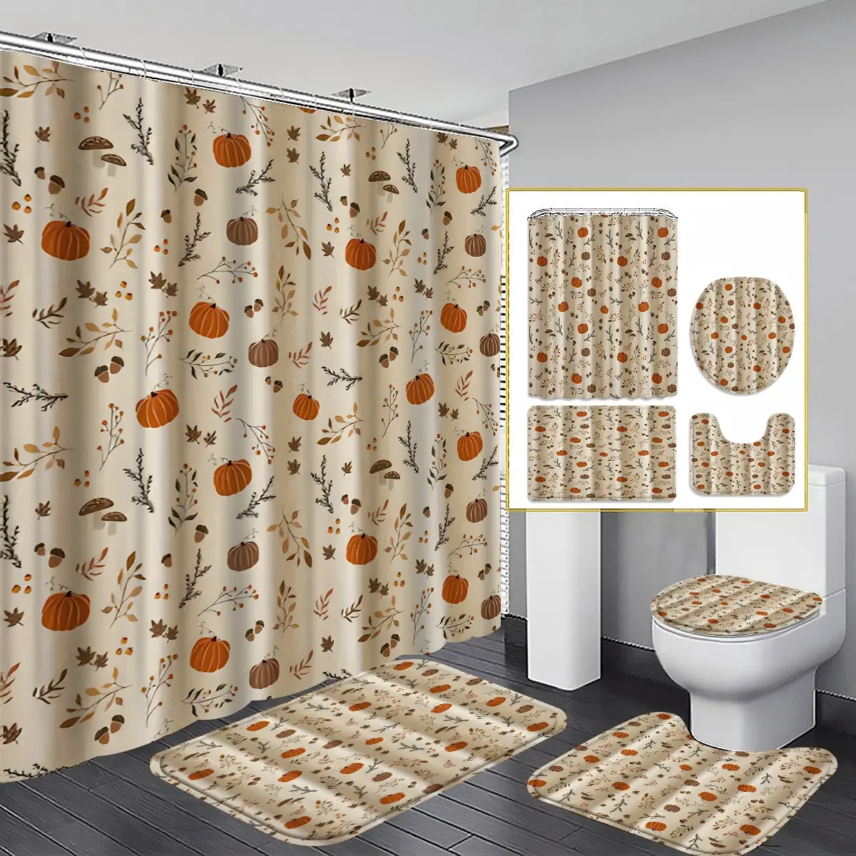 Autumn Harvest Shower Curtain Set with Hooks, Features Autumn Leaves & Fruits, Wall Mounted, All-Season Bathroom Decor