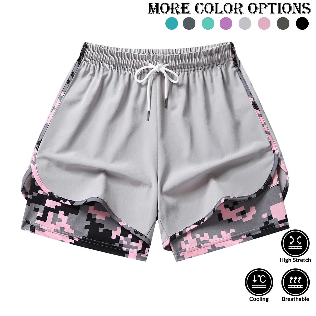 Women’s summer casual athletic shorts featuring a two-piece layered design with camouflage print, suitable for running and everyday workouts