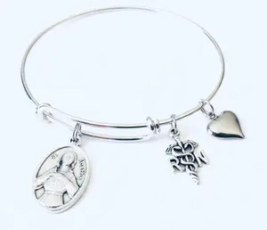 Saint Agatha RN Bracelet – Patron Saint of Nurses – Silver Expandable Bangle with RN Charm
