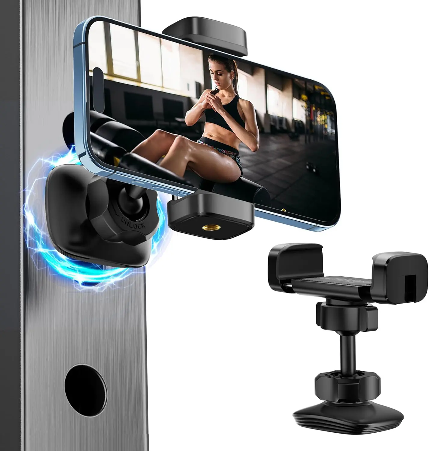 MagSafe Gym Magnetic Cellphone Mount - 360-Degree Adjustable, Alloy Base & Joint, Dual Magnetic Fitness Accessory, Compatible with iPhone 16/15/14/13/12 Series, Smartphone Stand & Phone Accessories