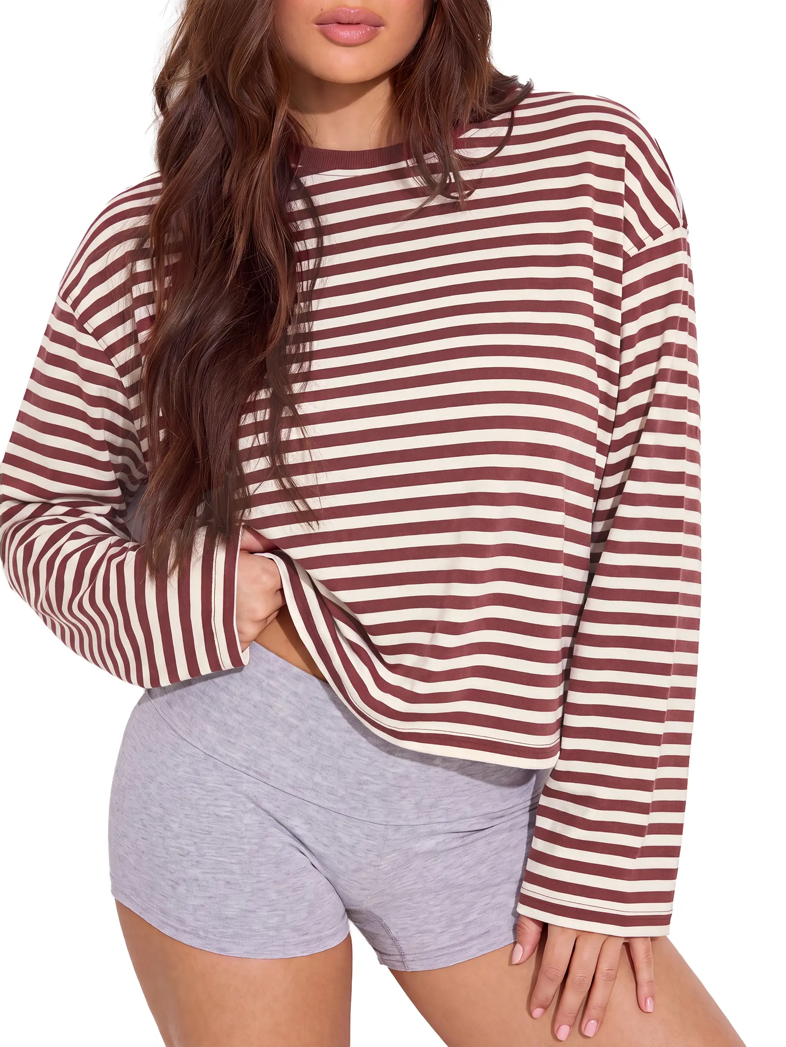 【Back to School】Women's Oversized Striped Long Sleeve Shirt Crew Neck Casual Top | Soft stretch, loose fit, drop shoulder, spring fall layering, going out travel weekend