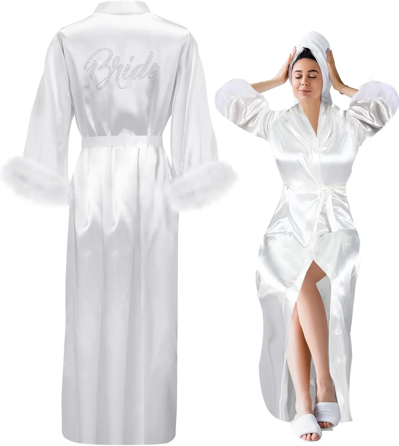 Women's Elegant Silky Satin Feather Robe - Ostrich Feather Trim Kimono Gown, Bridal Loungewear for Wedding Party