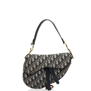 Pre-owned Dior Leather tote bags Medium Saddle Bag Oblique Grey Navy (ym012726f8)