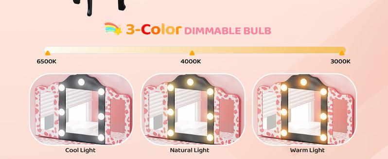 JOYMOR Kids Vanity Table and Chair Set, Girls Vanity with Leopard Print, Tri-Fold Mirror & Lights, Princess Makeup Desk for Girls, Pink
