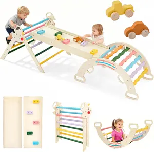 Pikler Triangle Set, Toddler Climbing Toys and Play Structure Indoor, 9-in-1 Wooden Montessori Climbing Set with Arch, Ramp and Ladder, Foldable Baby Jungle Gym, Multicolored