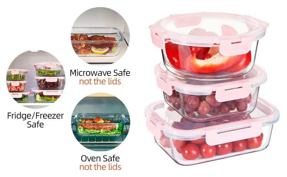 Glass Meal Prep Round Containers Set of 12 Food Storage Containers for Lunches, Dishwasher Safe, Pink Kitchen Rectangle Square Utensils