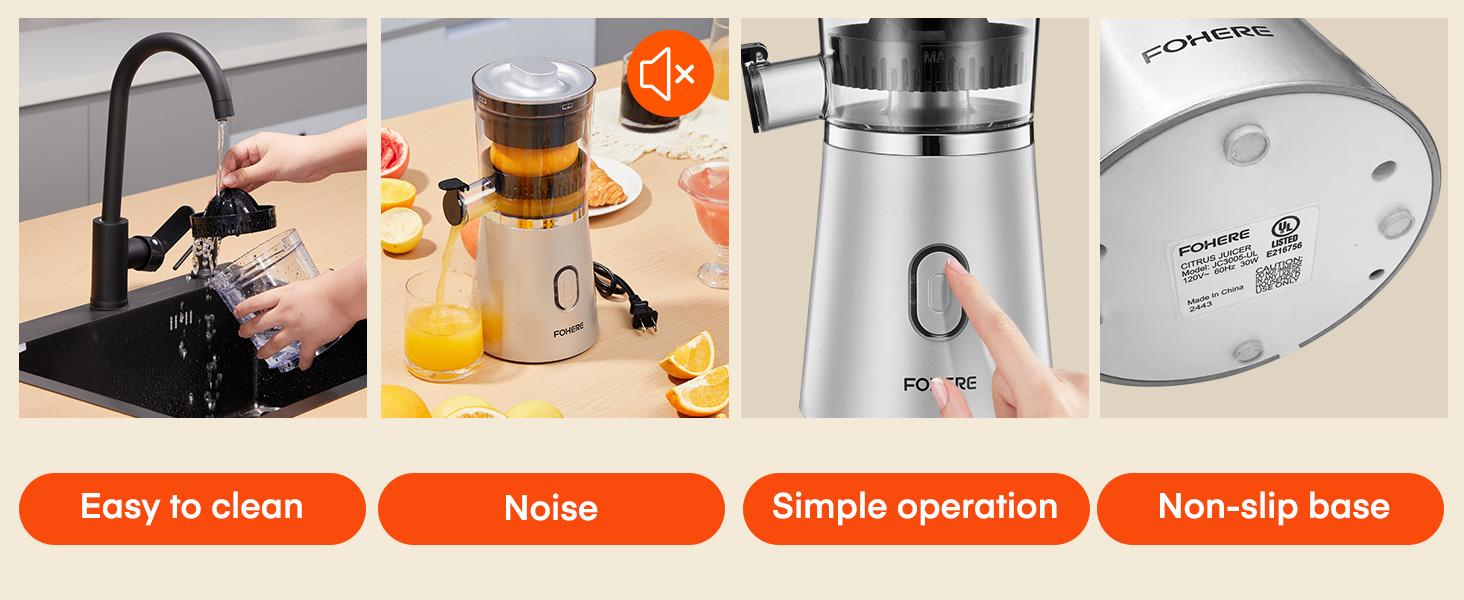 FOHERE Electric Citrus Juicer Squeezer, Automatic Orange Juicer with Power Cord, One Touch Operation, Portable Juicer Suitable for Lemon, Citrus Fruit, Easy to Clean, Silver