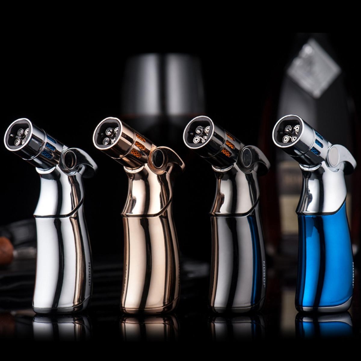 Multi-Color Luxury Metal Windproof Torch Lighter, 4 Jet Flame Refillable Butane Lighter with One-Hand Ignition, Portable Pocket Size for BBQ Camping Candle Daily Use, Available in Gold Silver Blue Black, Ideal Gift for Men (Butane Fuel Not Included)