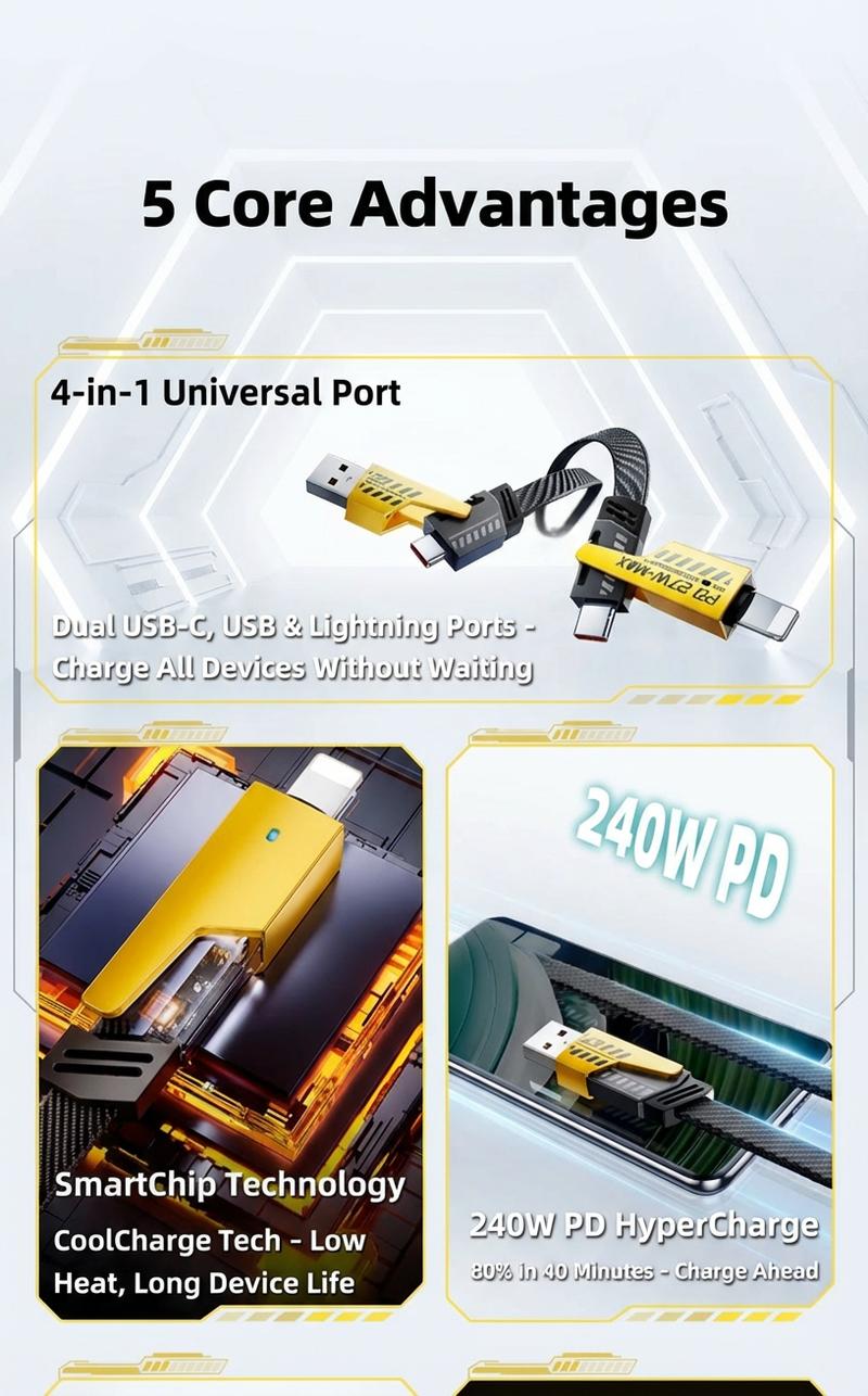 [ BUY 1 Get 1 Free ] 5ft Fast Charging super Cable 4 in 1 with USB A Type C Lightning for iPhone17&Samsung Laptops Charger Braided Data Cable Lengths for Gaming Office Car Travel Compatible