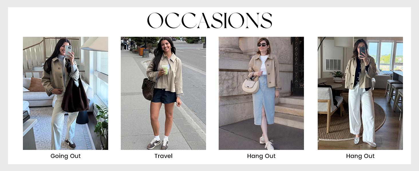 UANEO Womens Cropped Trench Coat Classic Collar Oversized Casual Jackets with Checkered Lining