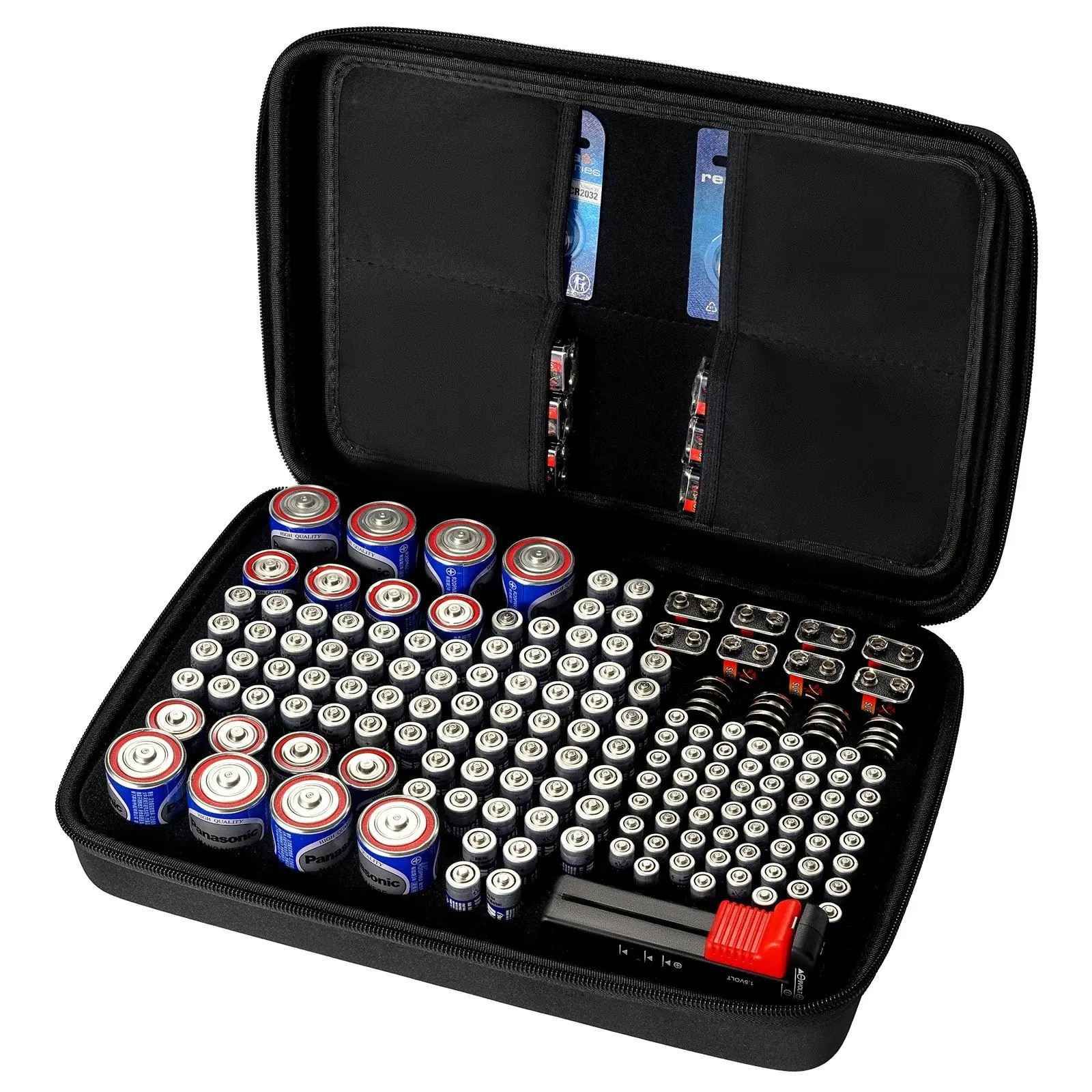 Battery Organizer Storage Box, Battery Case Bag with Tester BT-168, Waterproof Batteries Organizer Storage Case with Zipper, Holds 167 Batteries AA AAA C D 9V Button, Black (Box Only)