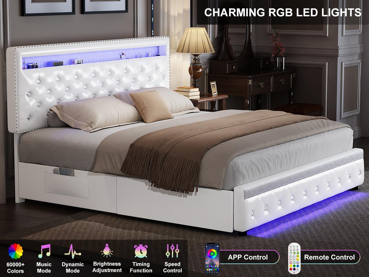 Queen LED Bed Frame with 2 Storage Drawers, Smart Adjustable Crystal Tufted Headboard, No Box Spring Needed, PU Leather & Velvet