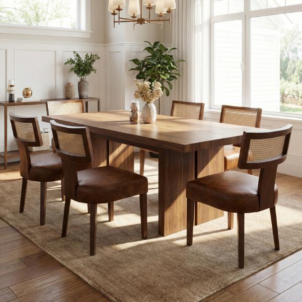 【Valentines'Day】DAYALANE Payson Modern Cane Dining Room Chairs Set of 2 Nature Cane Back Upholstered Beige Light Solid Wood Legs Ergonomic Curved Backrest for Mid Century Kitchen Party Furniture