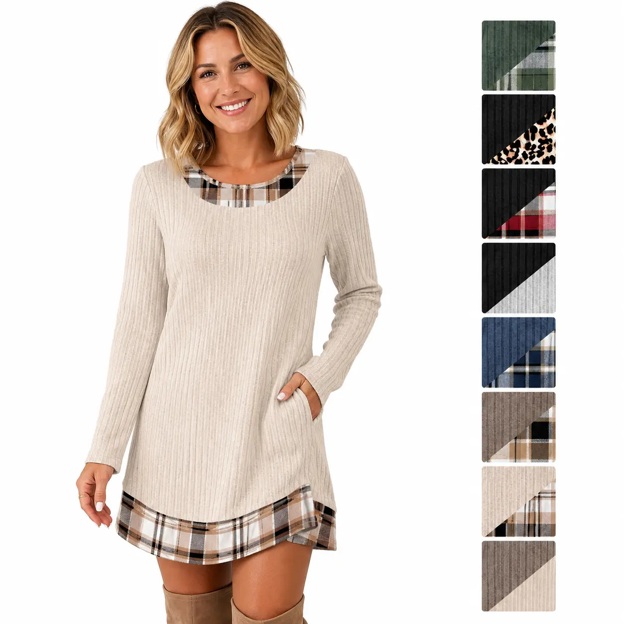 Wiholl Fashion Fall Dresses for Women 2026 Long Sleeve Sweater Dress Color Block | Side Pockets, Ribbed, Lightweight, Winter Clothing, Loose Fit