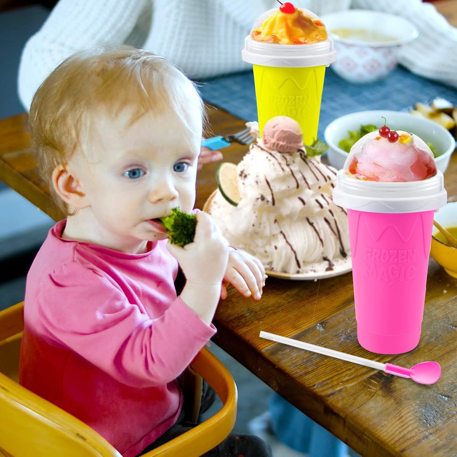 SUNDAY MIRTH 2PC Slushie Maker Cups, DIY Frozen Magic Slushy Cup, Double Layers Silica Smoothie Pinch Ice Cup, Quick Cooling Cups Homemade Milk Shake Ice Cream Maker (Yellow+Pink)
