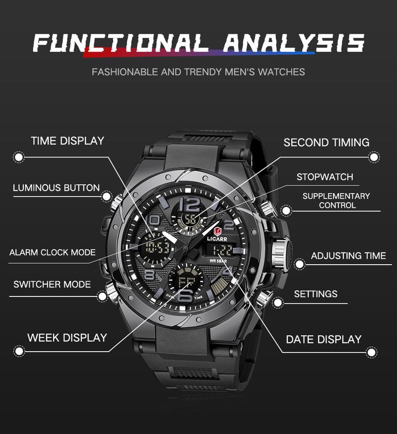 LICARR Men's Quartz Digital Watches Waterproof Alarm Luminous
