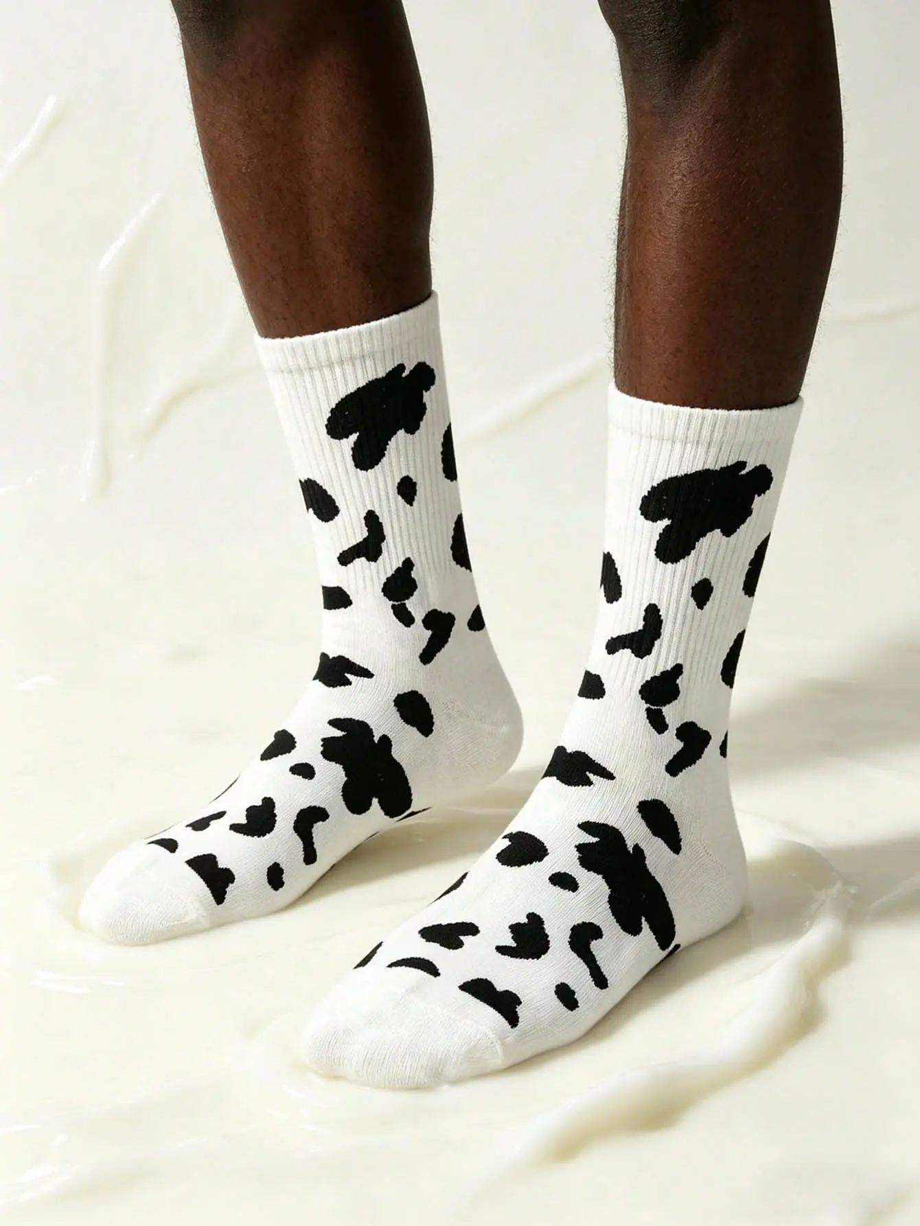 Black & White Cow Print Mid Calf Socks | Unisex Animal Pattern Casual Crew Socks | Western Streetwear Everyday All Season Outfit Accessory