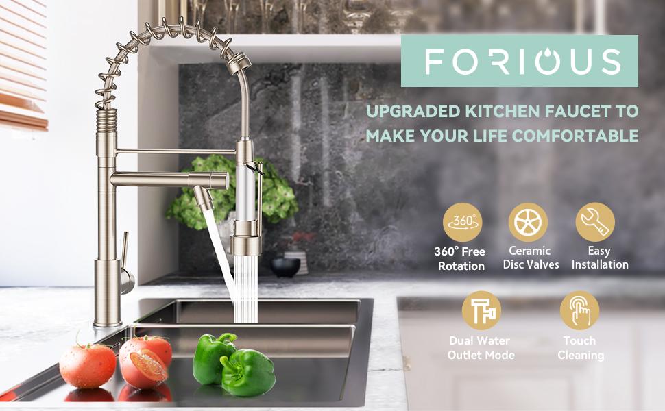 FORIOUS Commercial Spring Kitchen Faucet with Dual Heads & LED Stainless Steel Pull Down Sprayer Standard Aerator 360° Swivel Matte Black