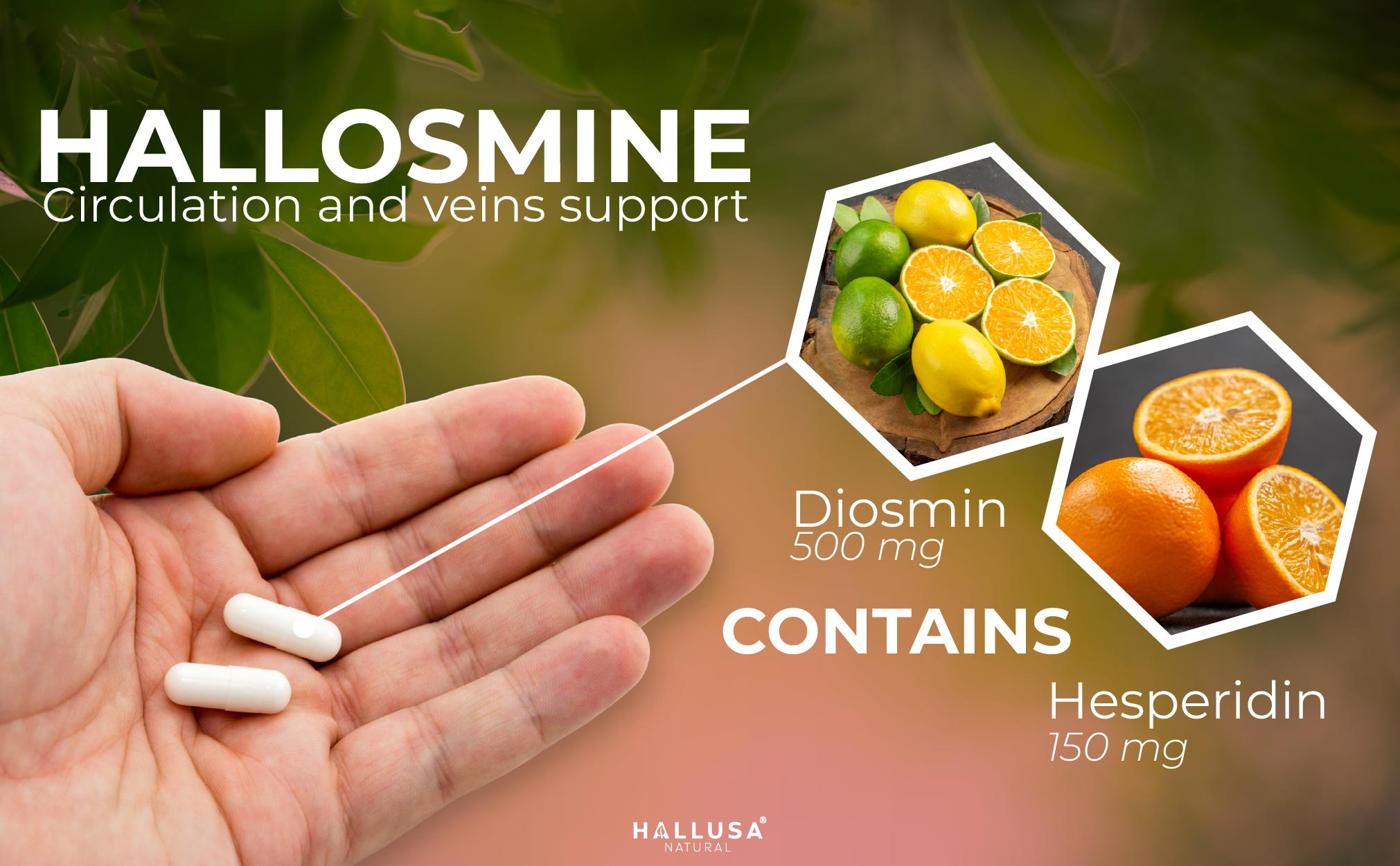 HALLUSA NATURAL Hallosmine Ultra - Diosmin 500 mg & Hesperidin 150 mg - 60 Veggie Capsules - Vegan, Organic, Gluten-Free, GMO-Free, Sugar-Free - Circulation Support Supplement - Healthcare Wellness Vitamins