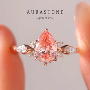 【#23 PR】S925 Sterling Silver Lab Created Gemstone Champagne Pink Pear-Shaped 3-Carat Women's Engagement/Proposal Ring