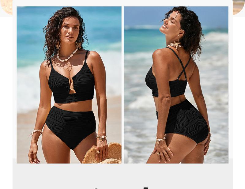 Aleumdr 2 Piece Bikini Set U-Wire Cutout Swimsuit High Waisted Textured 2026 Summer Swimming Clothing Beach Water Sports Tummy Control Swimwear