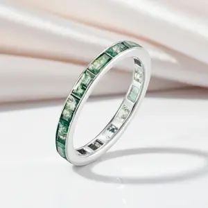 Eternity Emerald Cut Moss Agate Wedding Band