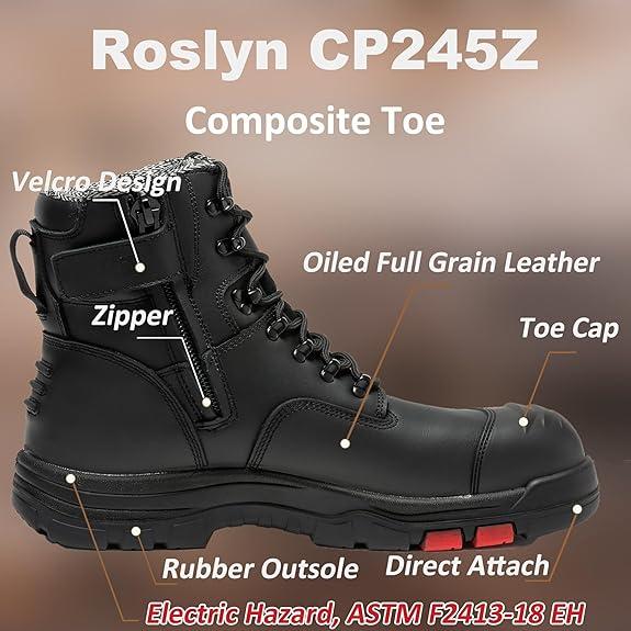 ROCKROOSTER Roslyn CP232Z-245Z Men's Composite Toe Safety Work Boots with Side Zipper Non-slip Rubber Outsole ASTM F2413-18 EH Rated Closed Toe Walking Shoes Cover Boy
