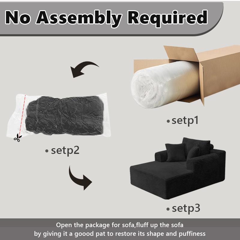 Oversized Boneless Chaise Lounge Upholstered Sofa Bed with Throw Pillows and Armrests Indoor Sleeper Chair Luxurious Plush Corduroy Chair Bed for Living Room No Assembly Required Black Color