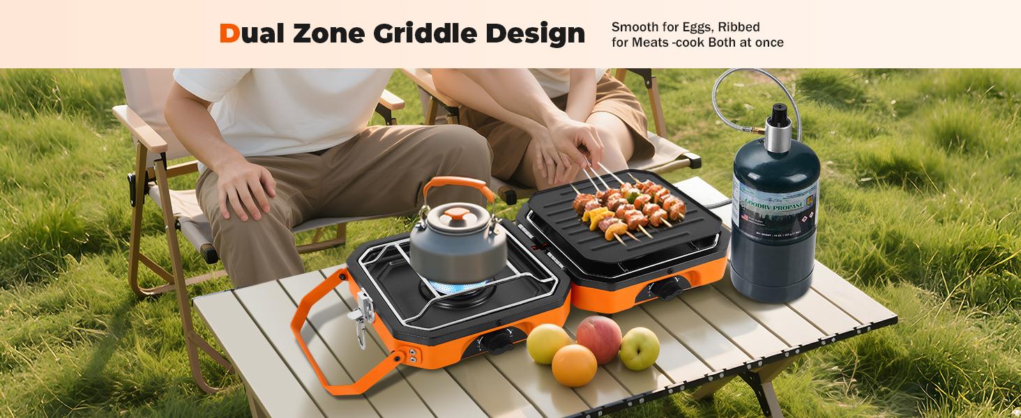 Camping Stove, 2 Burner Propane Stove With Grill,Foldable Camping Stove Propane Includes Carry Bag Stove with Griddle ,Adjustable Burners & Piezo Ignition for Tailgating,BBQ,Camp