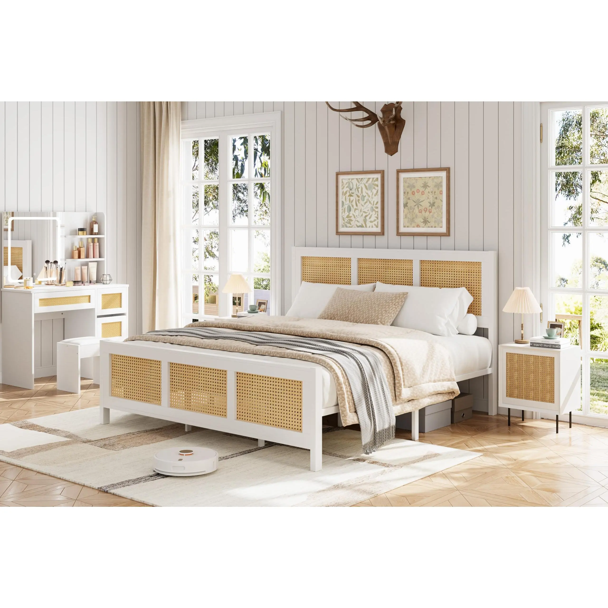 White Rattan Full Boho Platform Bed Frame with Wicker Headboard, Low Profile Design, Dual Finish, Strong Metal Slats, Noise-Free, No Box Spring Needed, 100% Underbed Area Utilization, Enhances Room Spaciousness