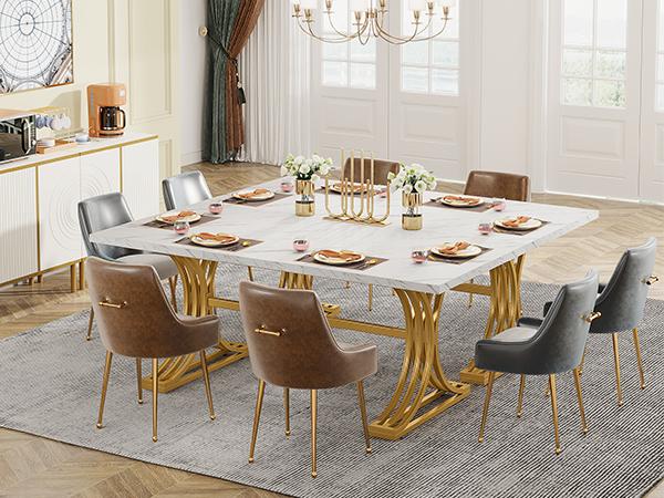 Tribesigns 63-Inch Rectangular Dining Table for 4 to 6, Modern Kitchen Table with Stylish Metal Trestle Legs, Large Dinner Table for Dining Room, Chair Not Included (White+Gold)