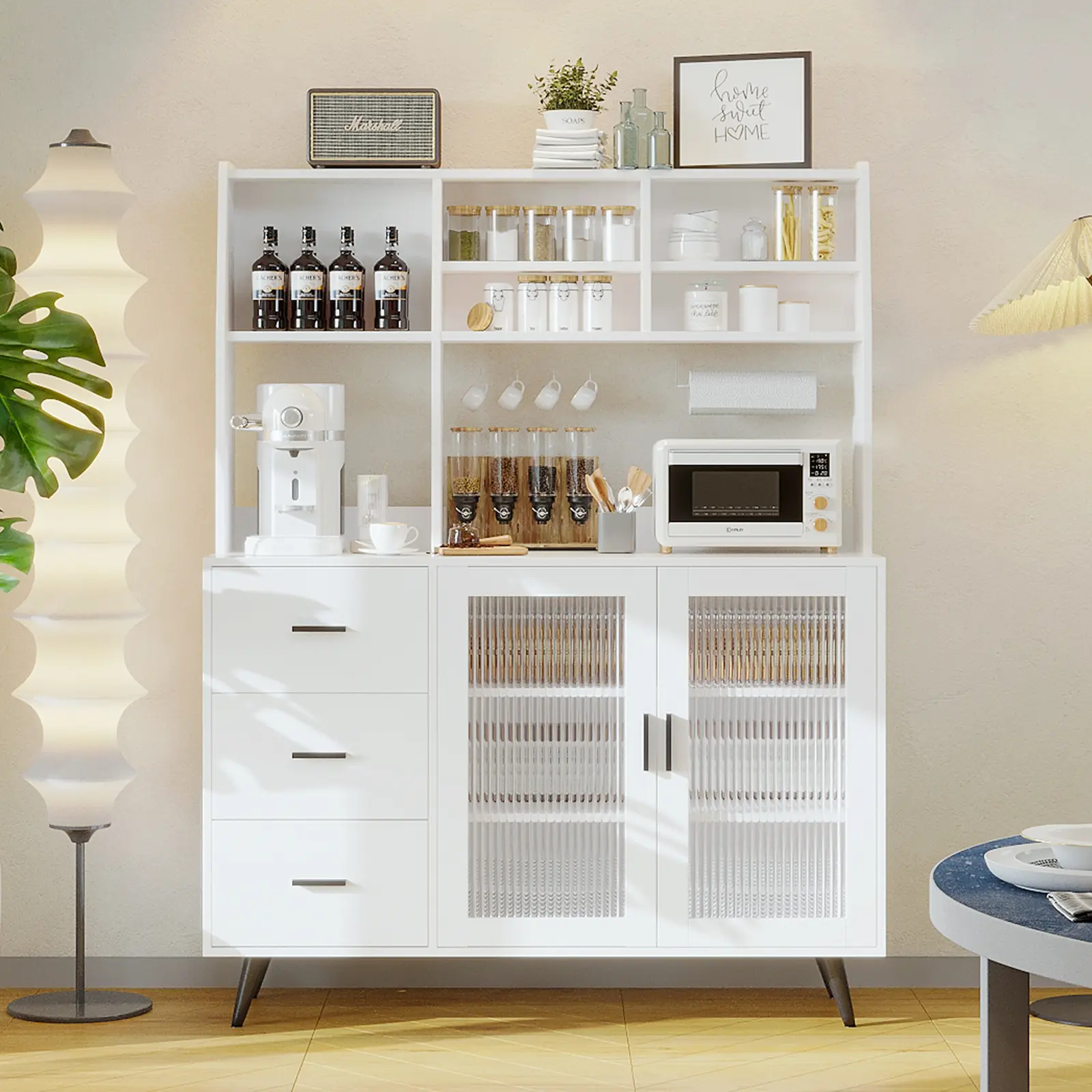VOWNER Kitchen Hutch Storage Cabinet, Freestanding Kitchen Pantry with Glass Doors and 3 Drawers, Modern Sideboard Buffet Cabinet for Dinning Room, Living Room, White