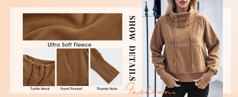 Fisoew Fleece Sweatshirts for Women Sherpa Long Sleeve Turtleneck Winter Pullover Tops Thumb Hole