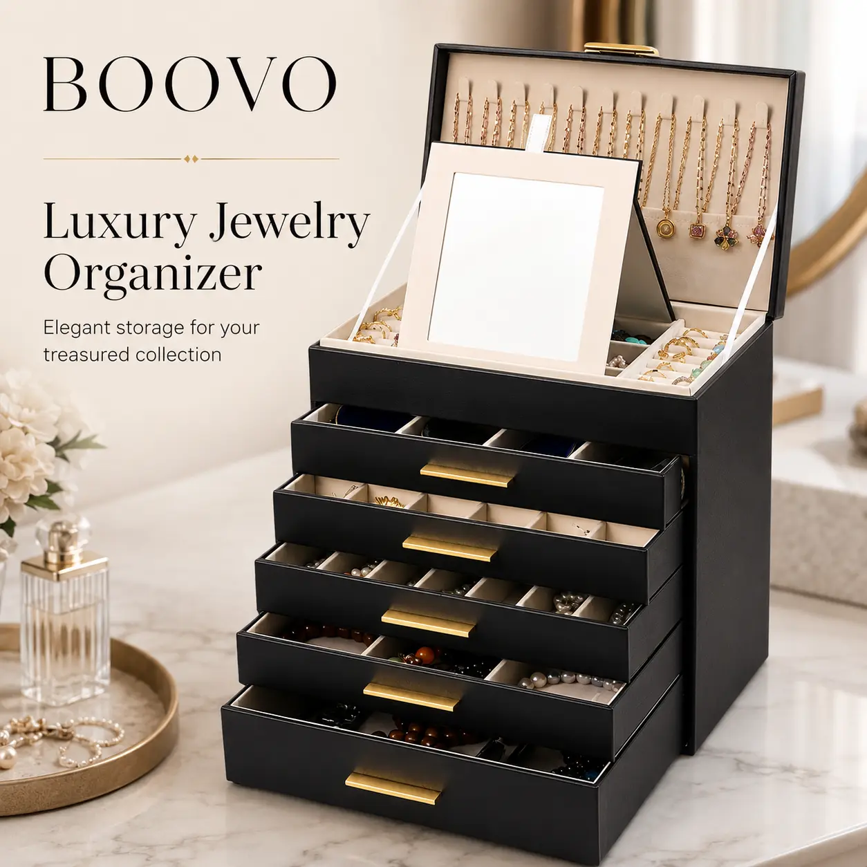 BOOVO 6-Layer Jewelry Organizer Box for Women - Large PU Leather Jewelry Storage Box with Mirror & Velvet Lining, Jewelry Holder for Earrings, Rings & Necklaces, Elegant Gift for Her, Classic Black,dorm room inspo,college dorm essentials,dorm haul
