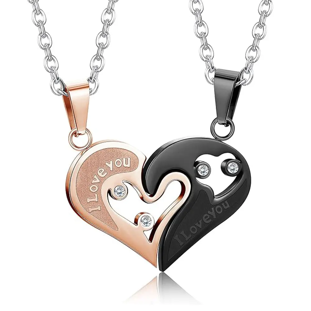 His and Hers 2-Piece Stainless Steel Heart Puzzle Matching Couples Necklace Set, Love Pendant Jewelry, Ideal Gifts for Anniversary