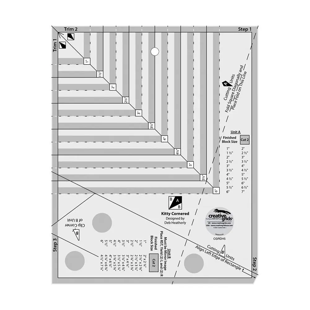 Creative Grids Kitty Cornered Quilt Ruler – CGRDH5 – Made in USA, 11in x 11in, Non-Slip Grip Acrylic Quilting, Sewing, Crafting, Patchwork Ruler & Template