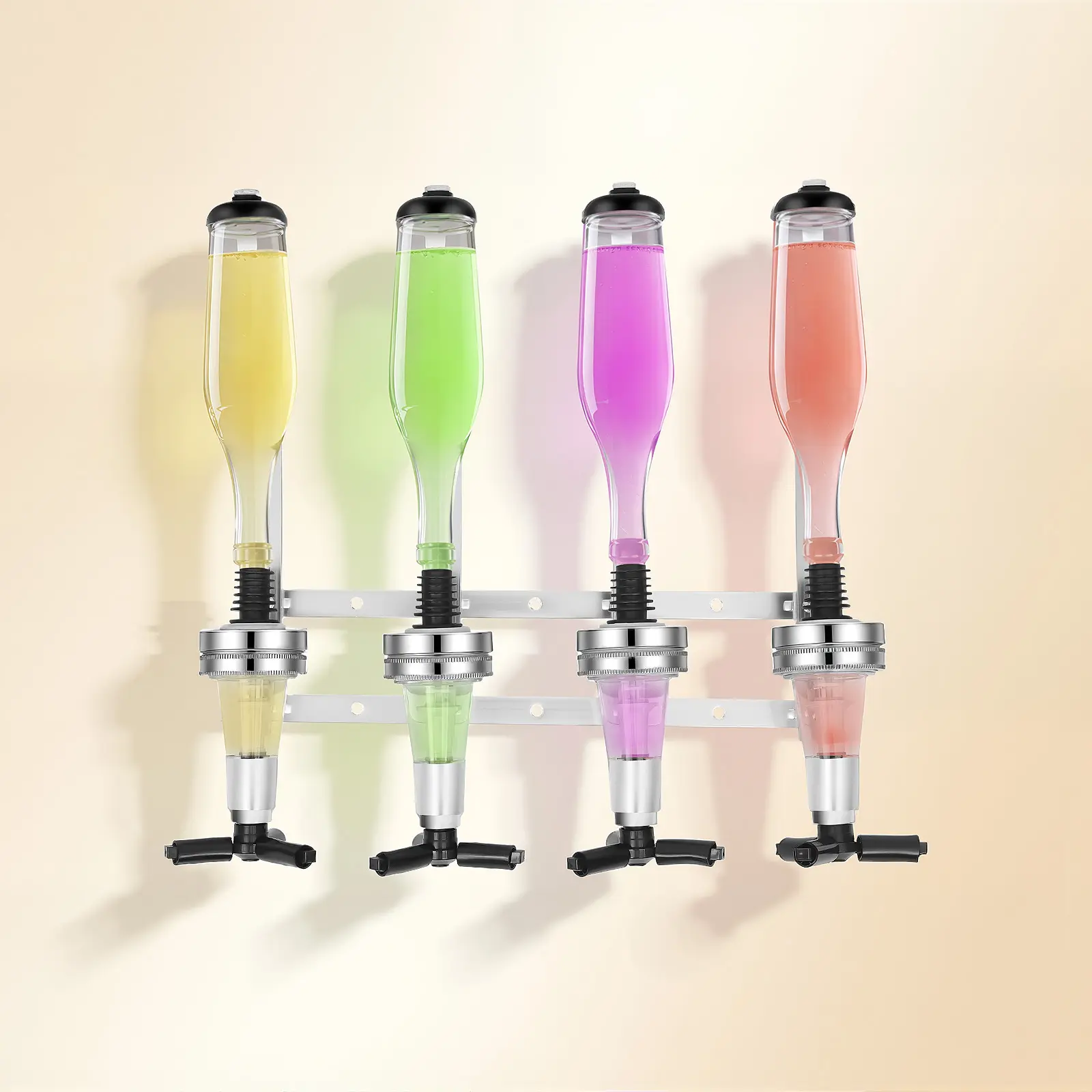 Sturdy Silver 4-Head 25ml Liquor Dispenser Set with Wall Mount, Aluminium-ABS Removable Pourers, Long Valve Handles, Precise Shot Measure, Transparent Cup, Spring Telescoping Handle, 39x11x36cm 900g, for Home Bars, Cocktail Mixing, Holidays Gift