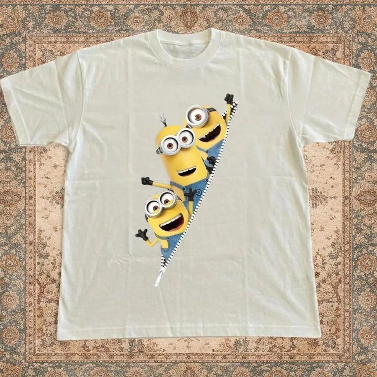 Minions Zipper T-shirt Vintage Peeking Minions Trio Zipper Graphic Tee, Retro Cream Shirt, Loose Fit Cartoon Top