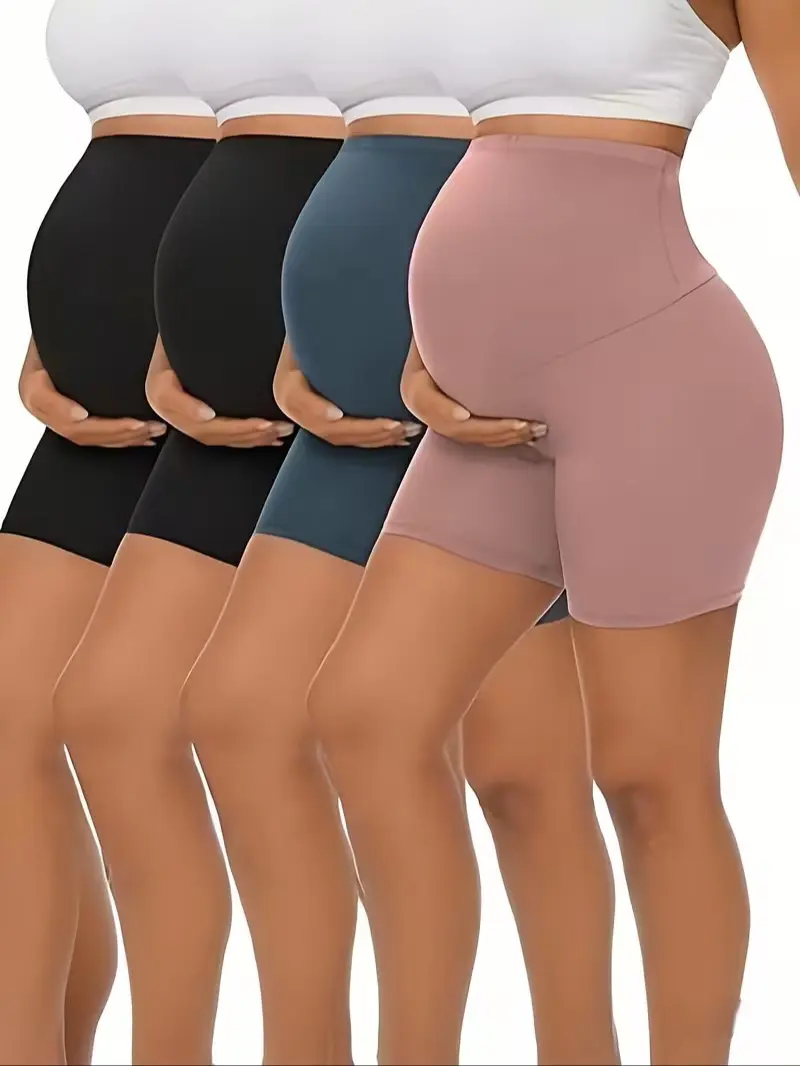 Cymebosilux Women's 4-Pack High-Waisted 5” Above-Knee Maternity Biker Shorts - Bump-Friendly, Over-The-Belly, Yoga Workout Apparel for Pregnancy, Casual Apron Belly Maternity Supplies, Biker Active, Above The Knee, Prenatal Maternity Clothing