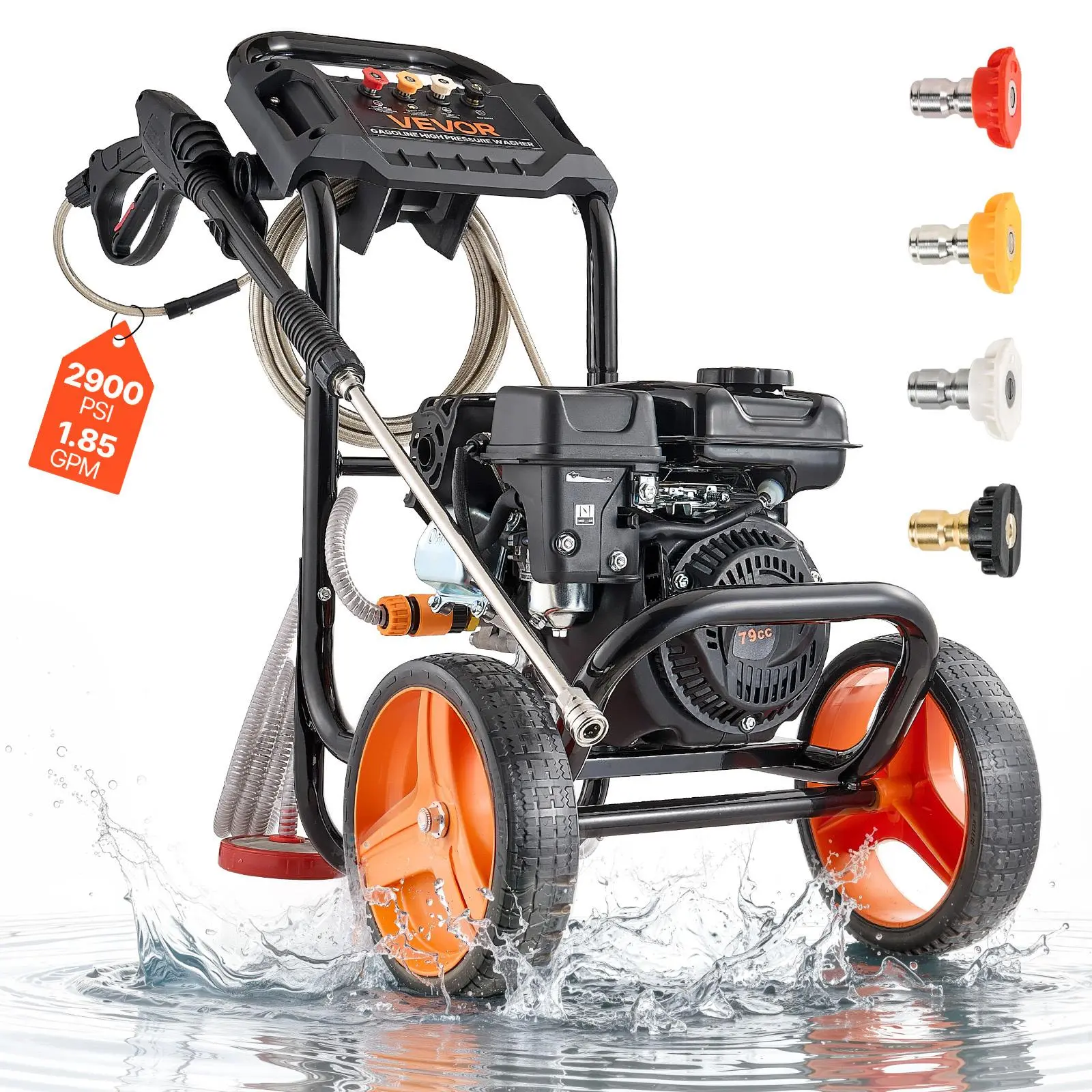 【Summerfinds】VEVOR Portable Gas Pressure Washer 2900 PSI 1.85 Max GPMUpgrade Aluminum PumpSpray GunWand4-Nozzle SetLow Profile Car Wash Equipment for CarsDrivewaysHomesPortable Pressure Washer, Power Washer Lance