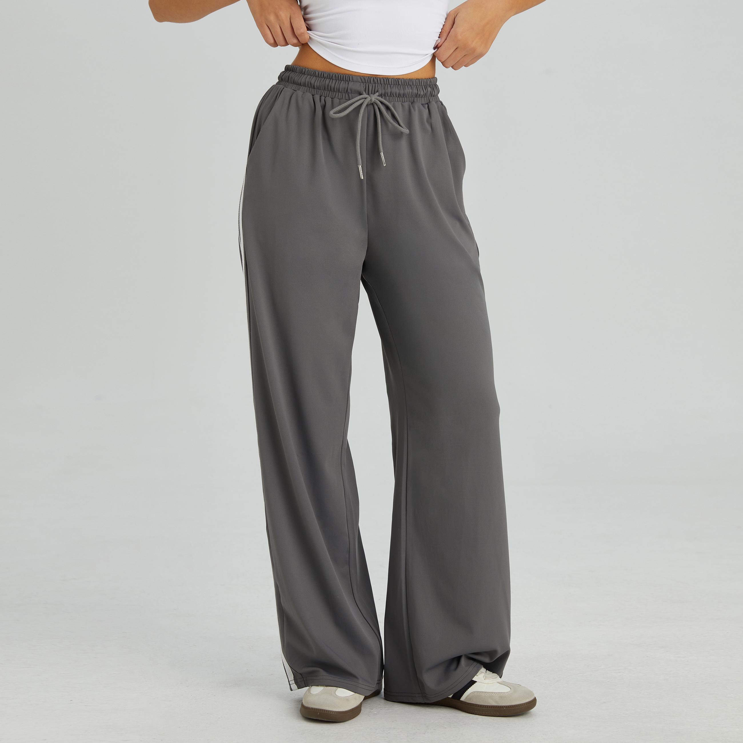 KatchMe Women's Casual High Waist Striped Wide Leg Trousers, Sporty Drawstring Waist Side Pocket Outfit, Minimalist Versatile Women's Bottom